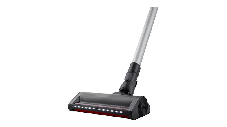 Front view of the motorised floor head with built‑in LED lights turned on, illuminating the brush area Front view of the motorised floor head with built‑in LED lights turned on, illuminating the brush area
