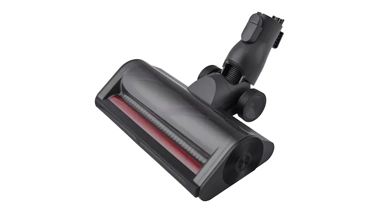 Angled underside view of the motorised floor head, focusing on the red roller brush and airflow vents Angled underside view of the motorised floor head, focusing on the red roller brush and airflow vents
