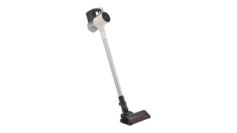 Angled side view of the cordless vacuum, highlighting the handle shape, transparent dust bin, and slim wand Angled side view of the cordless vacuum, highlighting the handle shape, transparent dust bin, and slim wand