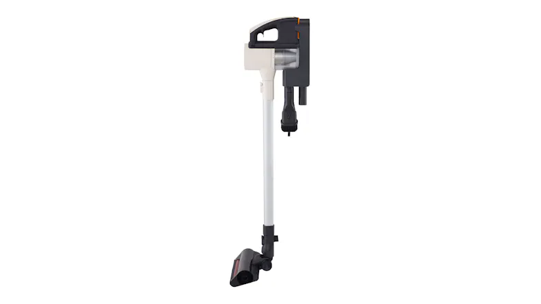 Close‑up of the vacuum’s upper body and handle, focusing on the calming beige housing and dark grip Close‑up of the vacuum’s upper body and handle, focusing on the calming beige housing and dark grip