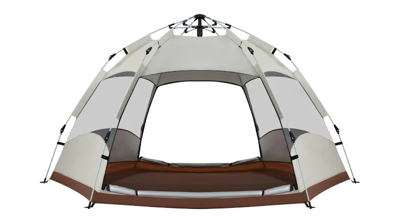 A beige pop‑up camping tent front view with wide mesh panels, sturdy frame, and breathable design for outdoor camping comfort A beige pop‑up camping tent front view with wide mesh panels, sturdy frame, and breathable design for outdoor camping comfort