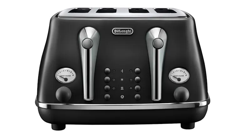 Front view of the De'Longhi Icona Capitals 4‑slice toaster in Edinburgh Black Front view of the De'Longhi Icona Capitals 4‑slice toaster in Edinburgh Black