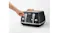 The toaster is in use with slices of bread visible in the top slots while a hand presses down one of the control levers The toaster is in use with slices of bread visible in the top slots while a hand presses down one of the control levers