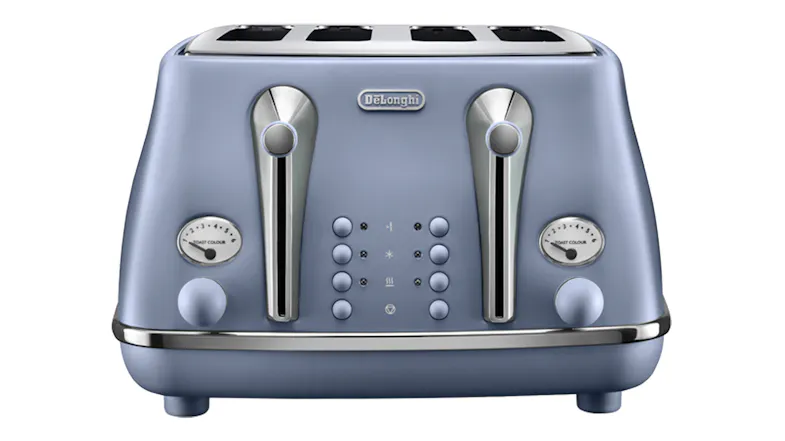 Front view of the De'Longhi Icona Capitals 4‑slice toaster in Dubai Blue finish Front view of the De'Longhi Icona Capitals 4‑slice toaster in Dubai Blue finish