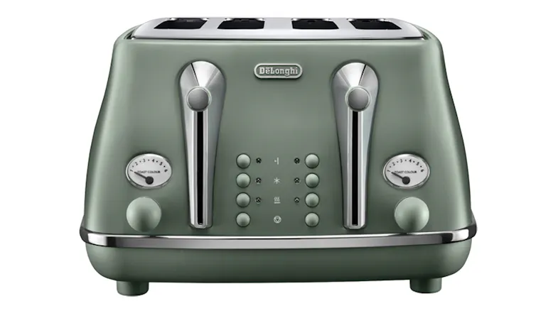 Front view of the De'Longhi Icona Capitals 4‑slice toaster in Copenhagen Green finish Front view of the De'Longhi Icona Capitals 4‑slice toaster in Copenhagen Green finish