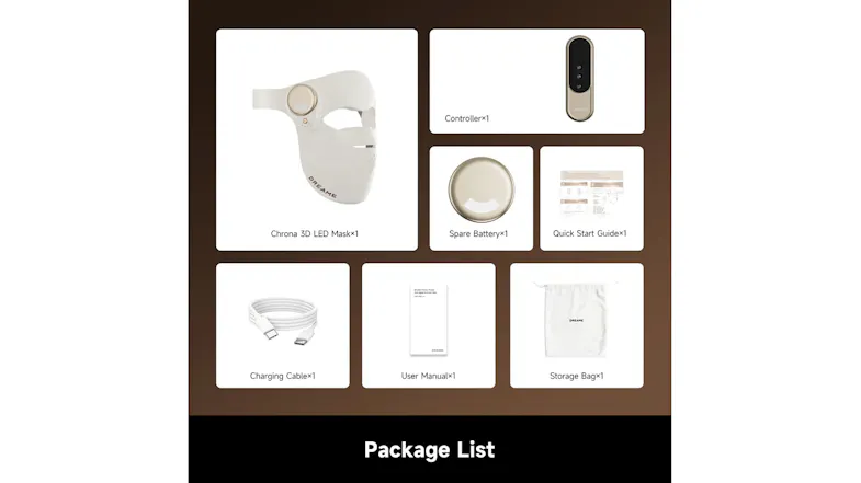 -Package contents displayed neatly on a brown background, including the LED face mask -Package contents displayed neatly on a brown background, including the LED face mask