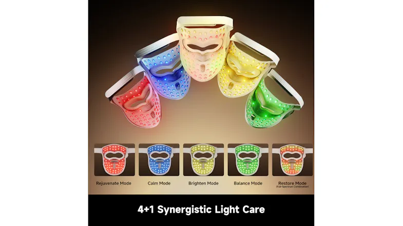 Five Dreame LED face masks arranged in a fan shape, each illuminated in a different colour Five Dreame LED face masks arranged in a fan shape, each illuminated in a different colour