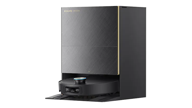 Front view of the Dreame X60 Ultra robotic vacuum docked inside a tall black multifunctional docking station Front view of the Dreame X60 Ultra robotic vacuum docked inside a tall black multifunctional docking station