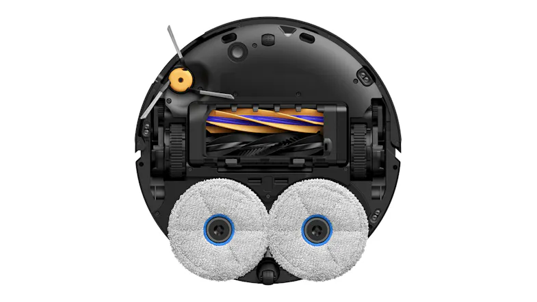 Underside view of the robot, revealing cleaning components, including dual spinning mop pads Underside view of the robot, revealing cleaning components, including dual spinning mop pads