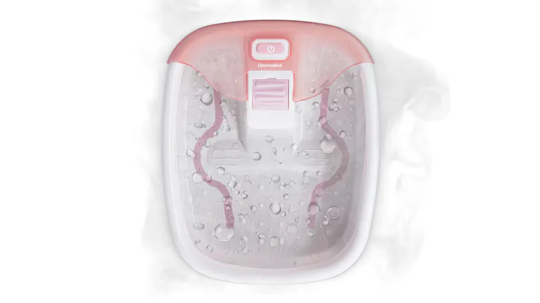 Top‑down view of the Homedics Bubble Bliss foot spa filled with water, showing bubbling action Top‑down view of the Homedics Bubble Bliss foot spa filled with water, showing bubbling action