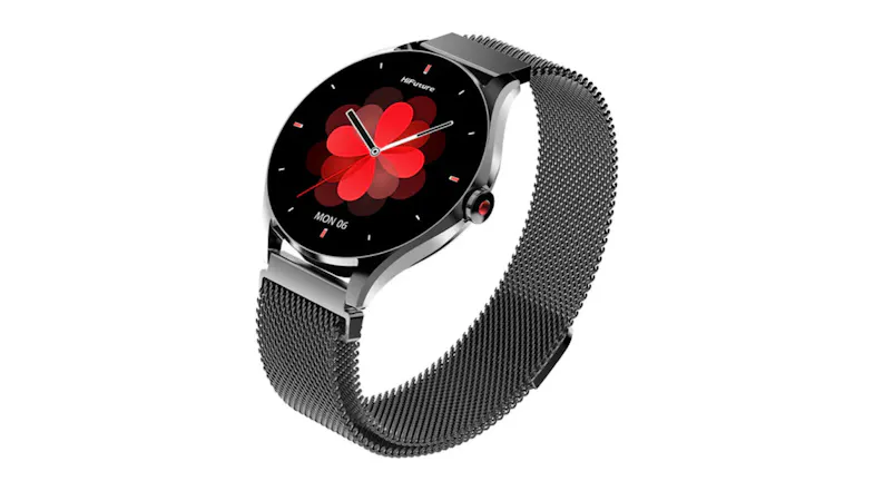 Round Hifuture AURA 2 smartwatch with a black face, red flower-style watch face, stainless steel case, and silver mesh band Round Hifuture AURA 2 smartwatch with a black face, red flower-style watch face, stainless steel case, and silver mesh band