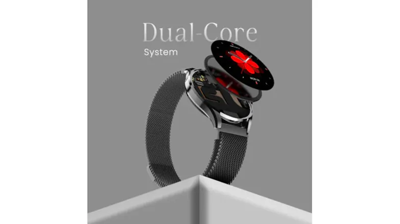 Deconstructed view of a round Hifuture AURA 2 smartwatch showing internal components, labelled dual-core system Deconstructed view of a round Hifuture AURA 2 smartwatch showing internal components, labelled dual-core system