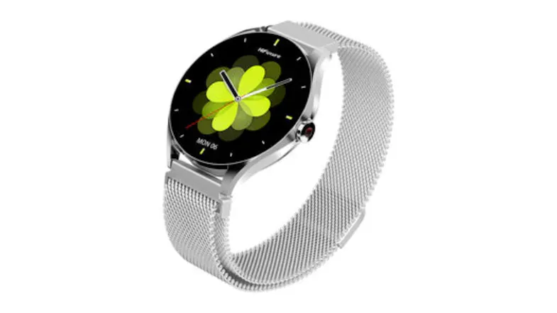 Round Hifuture AURA 2 smartwatch with a silver face, green flower-style watch face, stainless steel case, and silver mesh band Round Hifuture AURA 2 smartwatch with a silver face, green flower-style watch face, stainless steel case, and silver mesh band