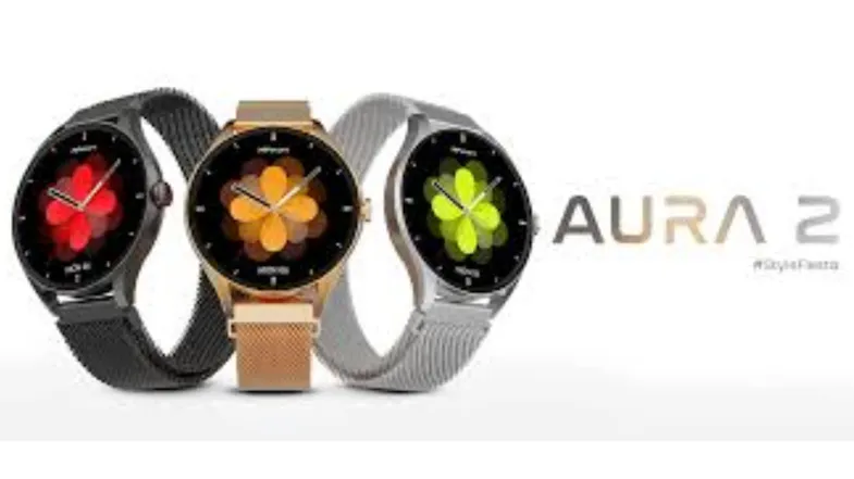 Three AURA 2 smartwatches in black, gold, and silver bands with colourful flower-style watch faces Three AURA 2 smartwatches in black, gold, and silver bands with colourful flower-style watch faces
