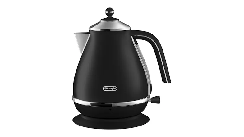 Front view of the De'Longhi Icona Capitals 1.7L electric kettle in Edinburgh Black finish Front view of the De'Longhi Icona Capitals 1.7L electric kettle in Edinburgh Black finish