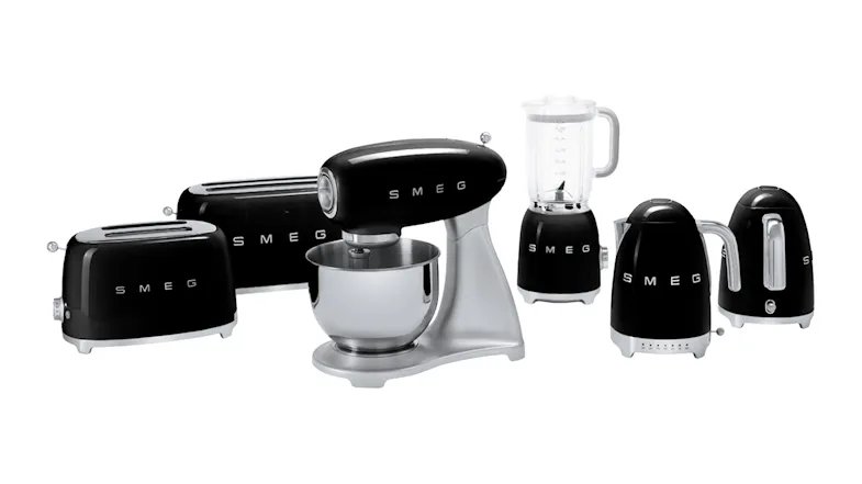 A collection of Smeg appliance in sleek black colour A collection of Smeg appliance in sleek black colour