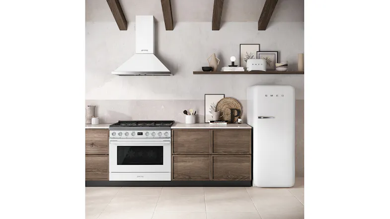 Modern kitchen scene featuring coordinated white Smeg appliances Modern kitchen scene featuring coordinated white Smeg appliances