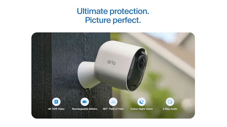 A white camera mounted on a dark wooden post against a blurred yard A white camera mounted on a dark wooden post against a blurred yard