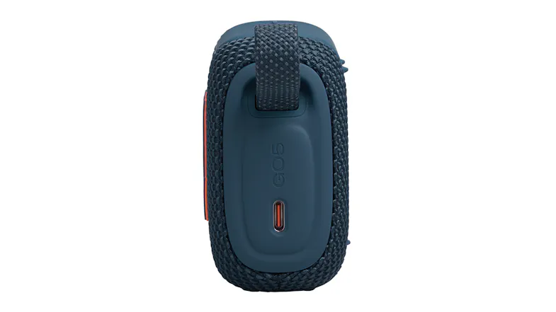 Left side view of the portable speaker with USB-C charging port Left side view of the portable speaker with USB-C charging port