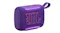 Angled front-left view of the purple JBL speaker, the grille and bold JBL logo are visible Angled front-left view of the purple JBL speaker, the grille and bold JBL logo are visible