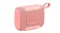 Angled front-left view of the pink JBL speaker, the grille and bold JBL logo are visible Angled front-left view of the pink JBL speaker, the grille and bold JBL logo are visible