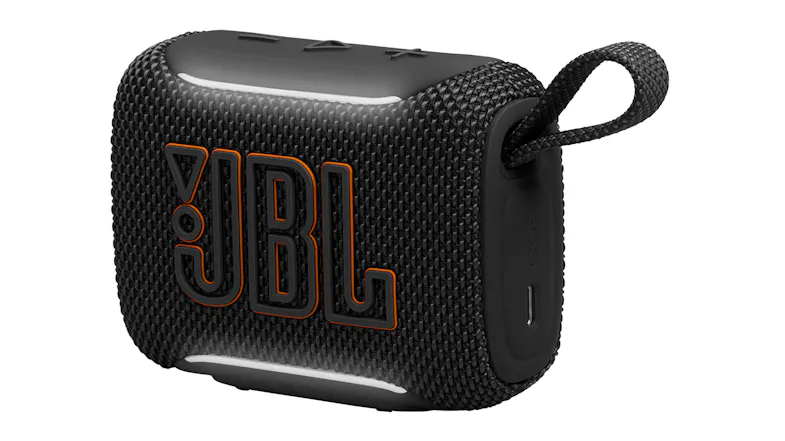 Angled right side view of a JBL speaker showing a woven carry loop Angled right side view of a JBL speaker showing a woven carry loop