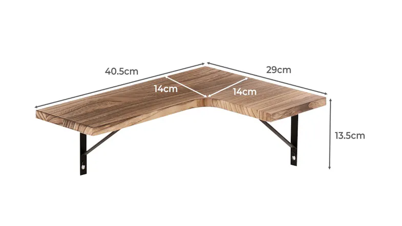 Wall-mounted L-shaped corner shelf made of natural wood with size dimensions displayed Wall-mounted L-shaped corner shelf made of natural wood with size dimensions displayed