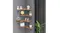 Wooden corner wall shelves with black metal brackets, styled with plants, a clock, and decorative accents Wooden corner wall shelves with black metal brackets, styled with plants, a clock, and decorative accents