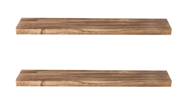 Front view of two wooden Levede Floating Shelves Front view of two wooden Levede Floating Shelves