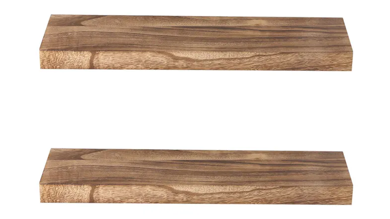 Front view of two wooden Levede Floating Shelves Front view of two wooden Levede Floating Shelves