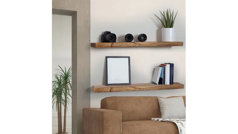Modern interior featuring solid wood wall shelves holding books, camera lenses, framed photos, and indoor plants Modern interior featuring solid wood wall shelves holding books, camera lenses, framed photos, and indoor plants