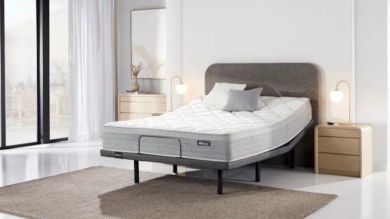 Angled bedroom view of a Sealy Posture Life Medium queen mattress on an Element adjustable base Angled bedroom view of a Sealy Posture Life Medium queen mattress on an Element adjustable base