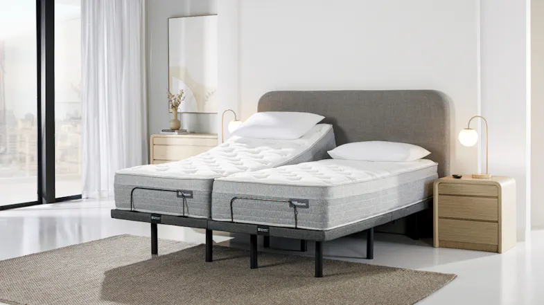 Angled bedroom view of a split super king Sealy Posture Life Soft mattress on an Element adjustable base Angled bedroom view of a split super king Sealy Posture Life Soft mattress on an Element adjustable base