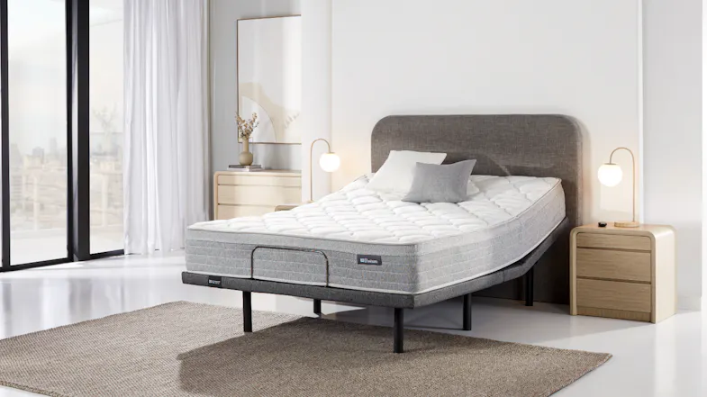 Angled bedroom view of a Sealy Posture Life Soft queen mattress on an Element adjustable base Angled bedroom view of a Sealy Posture Life Soft queen mattress on an Element adjustable base