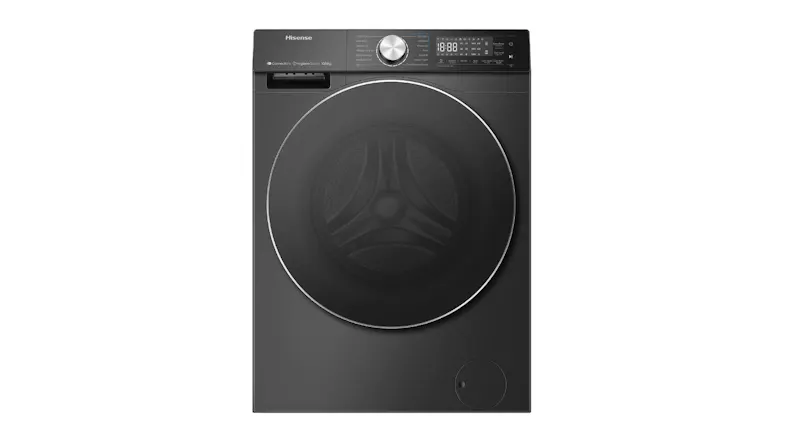 Front view of the black Hisense Series 7s washer dryer Front view of the black Hisense Series 7s washer dryer