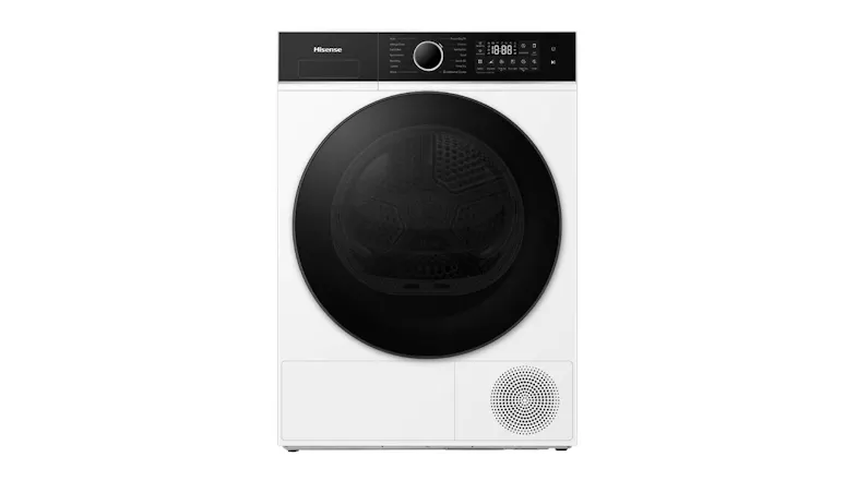 Front view of a white Hisense Series 5i heat pump dryer Front view of a white Hisense Series 5i heat pump dryer