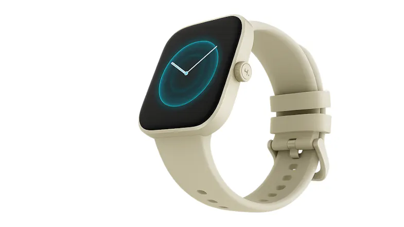 Angled view of the coffee HiFuture LUME PRO smartwatch with a square face and blue ring clock display Angled view of the coffee HiFuture LUME PRO smartwatch with a square face and blue ring clock display