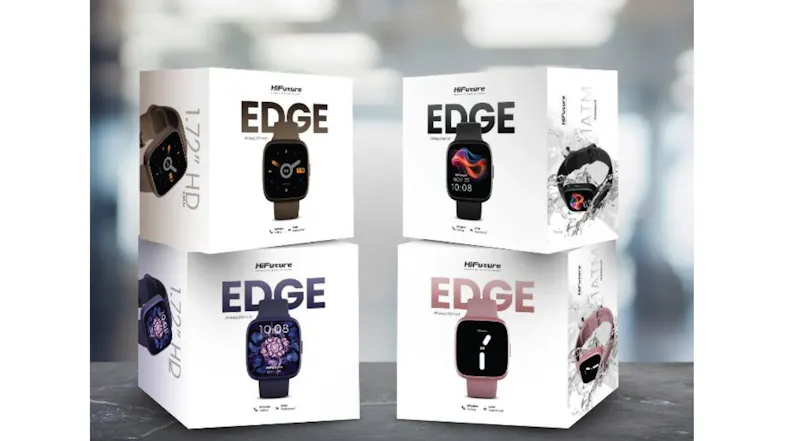 Four HiFuture EDGE smartwatch boxes showing different watch colours and designs Four HiFuture EDGE smartwatch boxes showing different watch colours and designs