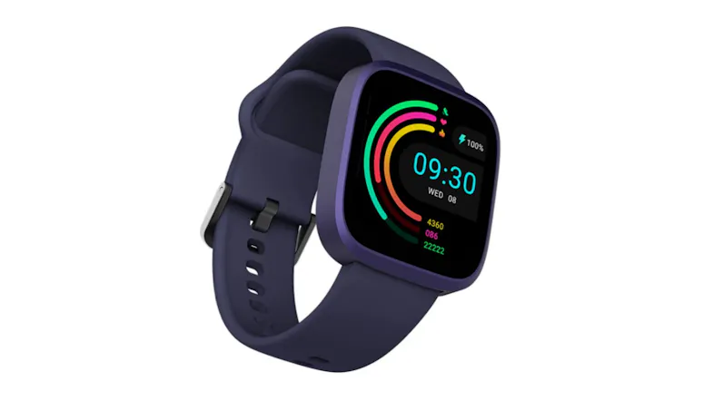 Purple HiFuture EDGE square smartwatch showing colourful activity rings and time Purple HiFuture EDGE square smartwatch showing colourful activity rings and time