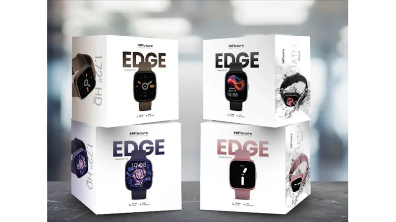 Four HiFuture EDGE smartwatch boxes showing different watch colours and designs Four HiFuture EDGE smartwatch boxes showing different watch colours and designs