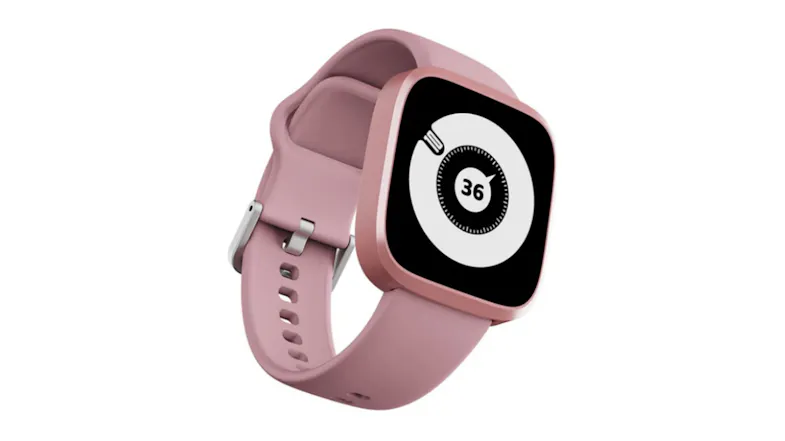 Pink HiFuture EDGE square smartwatch showing colourful activity rings and time Pink HiFuture EDGE square smartwatch showing colourful activity rings and time
