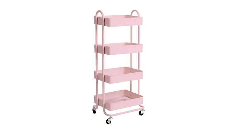 Angled view of a pink Levede 4-Tier Metal Storage Trolley Angled view of a pink Levede 4-Tier Metal Storage Trolley