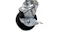 Swivel caster wheel with brake on a rolling storage cart, showing smooth wheel and metal locking mechanism Swivel caster wheel with brake on a rolling storage cart, showing smooth wheel and metal locking mechanism