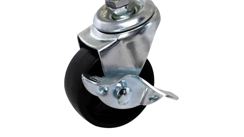 Swivel caster wheel with brake on a rolling storage cart, showing smooth wheel and metal locking mechanism Swivel caster wheel with brake on a rolling storage cart, showing smooth wheel and metal locking mechanism