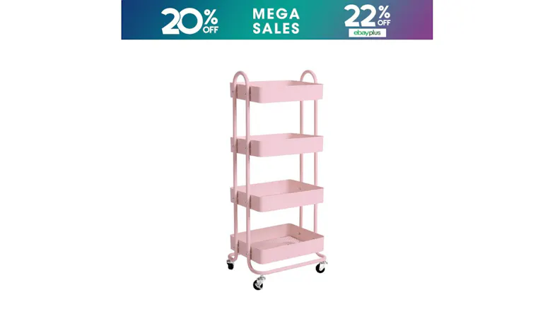 A rolling storage cart with four shelves and a sturdy metal frame, displayed under a Mega Sales banner A rolling storage cart with four shelves and a sturdy metal frame, displayed under a Mega Sales banner