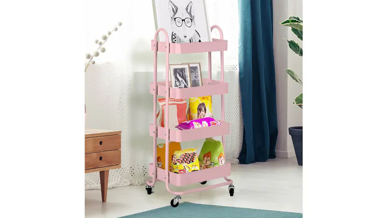 Four-tier rolling storage trolley holding snacks and decor, displayed in a bright living room Four-tier rolling storage trolley holding snacks and decor, displayed in a bright living room