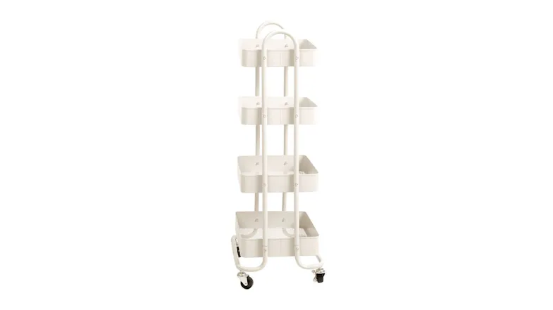 Back view of the 4-tier rolling storage trolley with metal shelves, loop handles, and smooth caster wheels Back view of the 4-tier rolling storage trolley with metal shelves, loop handles, and smooth caster wheels