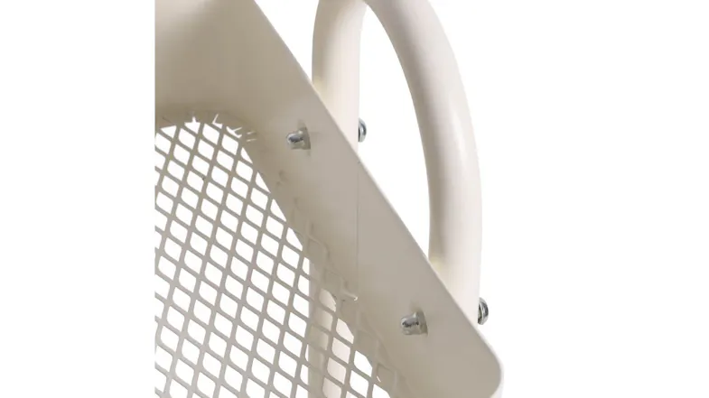 Close-up of a metal storage cart handle and tray, showing smooth edges and sturdy steel frame Close-up of a metal storage cart handle and tray, showing smooth edges and sturdy steel frame