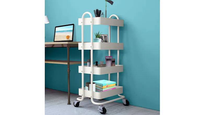 A storage trolley with four shelves, used for office supplies and books in a modern interior A storage trolley with four shelves, used for office supplies and books in a modern interior