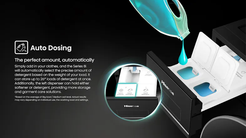 Blue liquid detergent is pouring into a white automatic dosing drawer Blue liquid detergent is pouring into a white automatic dosing drawer